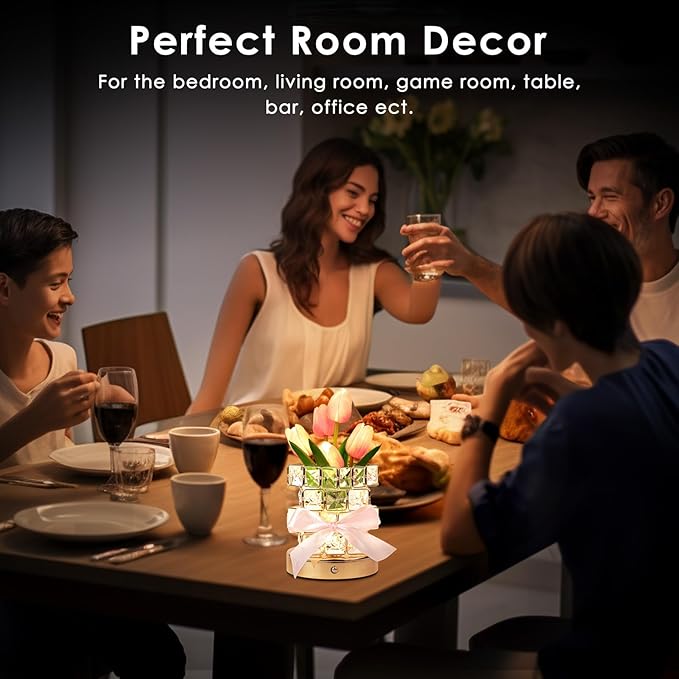 Tulip Flower Lamp Gifts for Women: Rechargeable Cordless Touch Crystal Table Lamp, Battery Powered Small Night Light, Mothers Day Birthday Present for Mom Grandma, Kitchen Bedroom Office Decor