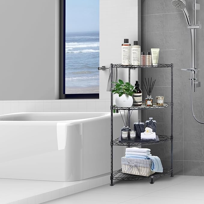 4-Shelf Carbon Steel Corner Storage Shelves with Adjustable Sturdy Wire Shelving Unit, Bookshelf Display Racks Organizer for Bedroom Living Room Kitchen Garage Pantry Closet (Max Load 120kg/265lbs)