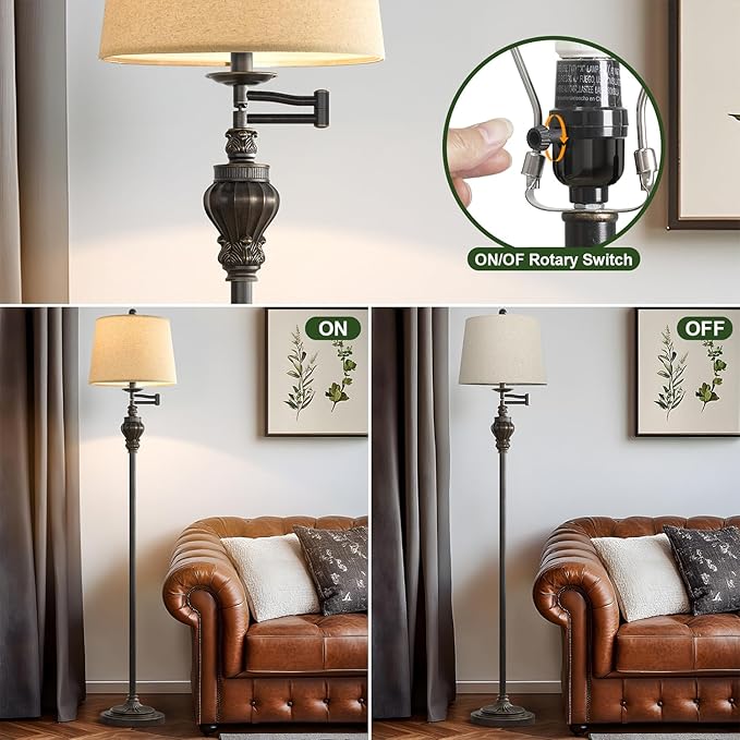61" Vintage Floor Lamp with 350° Adjustable Swing Arm, Standing Lamp for Bedroom Living Room Bedside Nightstand Retro Farmhouse Mid Century Lamp Light Home Décor Office Gifts