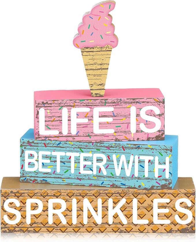 Geelin 4 Pieces Summer Ice Cream Table Wooden Decorations Ice Cream Wood Sign Centerpiece Home Decor Bar Party Decorations Blocks Tiered Tray Table Top Sign for Home