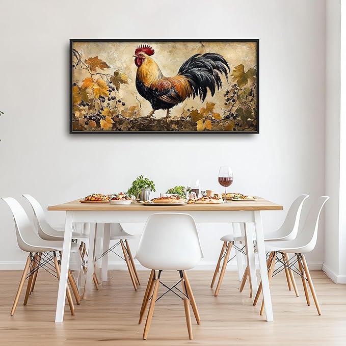 Flintis Large Rooster Framed Wall Art Vintage Chicken Grapevine Pictures Wall Decor Abstract Animal Canvas Painting Print Artworks Decor Framed for Living Room Bathroom Master Bedroom 60L X 30W