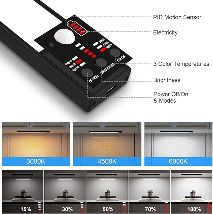 YELKO Under Cabinet Lights, 116LEDs Rechargeable Motion Sensor Light Indoor, 3200mAh 15.8inch Battery Operated Closet Light bar, Cordless Dimmable Under Counter Lights for for Kitchen (Two Pack)