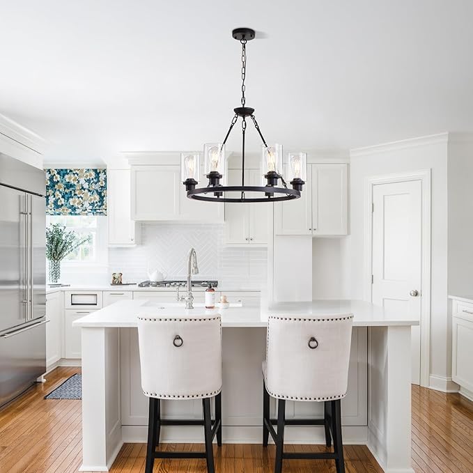 6-Light 24" Modern Farmhouse Chandeliers for Dining Room,Wagon Wheel Black Chandelier,Adjustable Height Hanging Round Pendant Lights for Kitchen Island Clear Glass Shade Ceiling Light fixtures