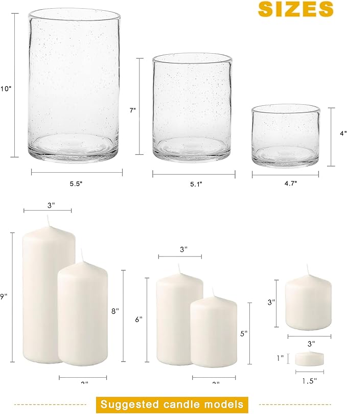 ARIAMOTION Hurricane Candle Holders for Pillar Hand Blown Glass Cylinder Vases Table Centerpiece Bulk Room Decor Clear Seeded Bubbles Living Dining Kitchen Island 10" 7" 4" Set of 3