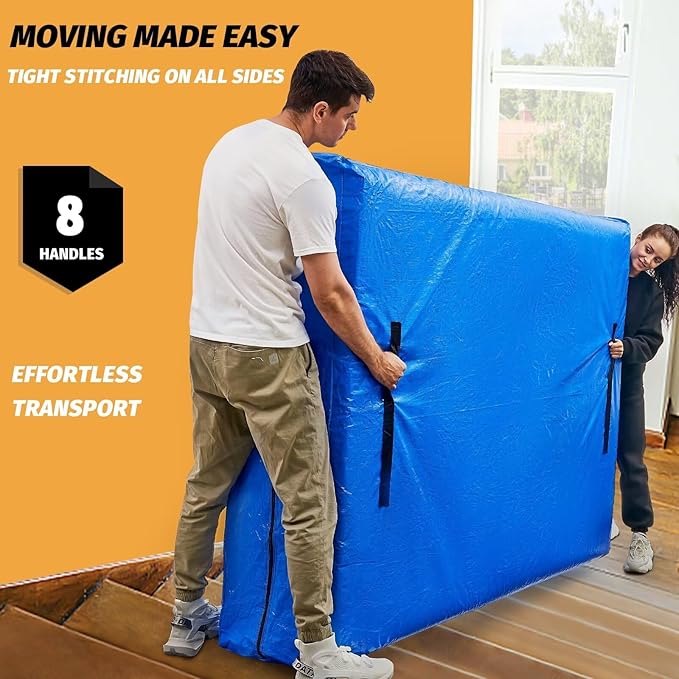Mattress Bags for Moving, BETU Mattress Protector Waterproof Mattress Cover Twin Size Storage Bags with 8 Heavy-Duty Handles and Zipper for College Bed Extra Thick Large Reusable (77"x42"x15" Blue)