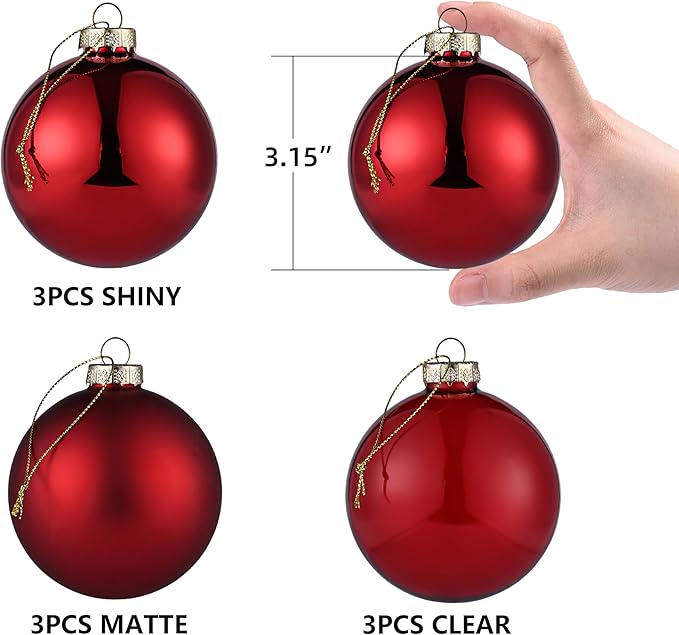 Red Glass Christmas Ornaments, 3.15" Ball Set of 9 With 3 Different Finishes, Vintage Xmas Balls for Tree, Home Decor, Thanksgiving Party Gift