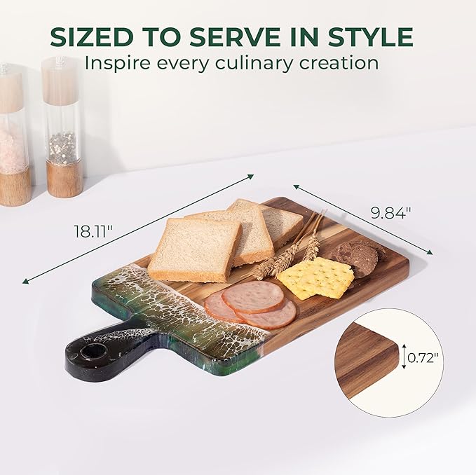 Acacia Wood Cutting Board with Ocean Resin Art, 18.1”x9.8”, Includes Stand & Loofah, Handcrafted Charcuterie Cheese Board & Serving Platter, Great for Décor, Housewarming, Weddings (Rectangular)