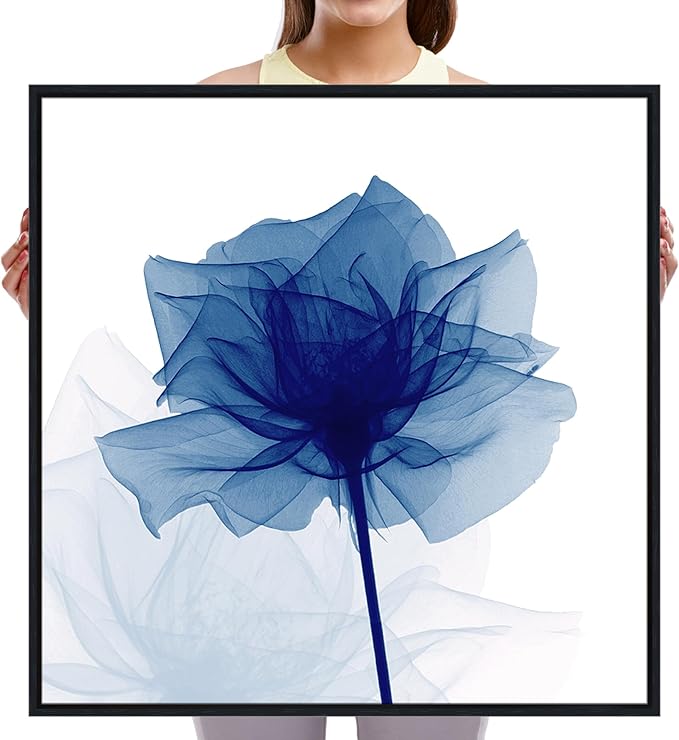 Pyradecor Large Black Framed Wall Art Blue Flickering Flower Canvas Prints Grace Floral Paintings Pictures Artwork for Bedroom Office Home Decorations