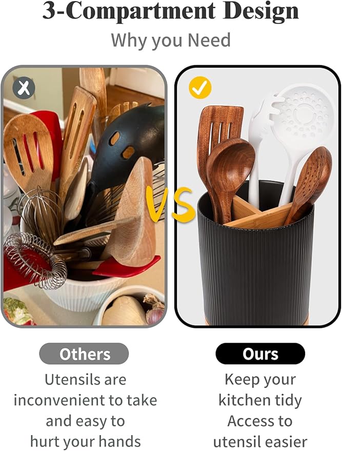 LoeJan 3 Compartment Utensil Holder, Extra Large Utensil Crock, Stable Ceramic Utensil Organizer, Cooking Tool Organizer Set for Kitchen Counter Farmhouse Decor (B-Black(Vertical Stripe))