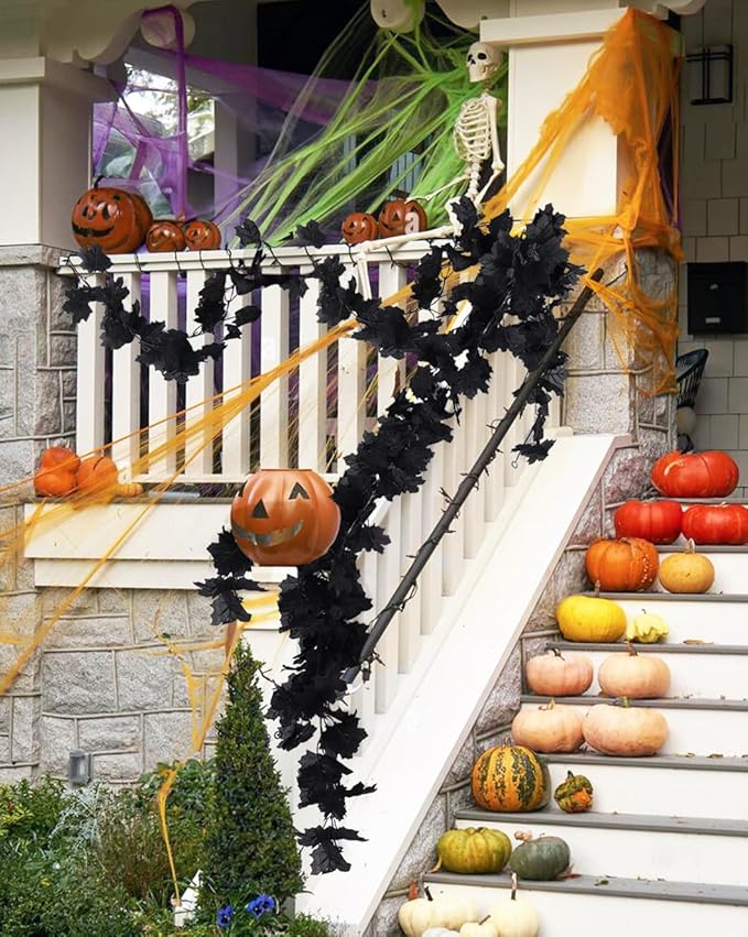 Fall Decor Fake Garland, Black Decorations Halloween Garlands, Autum Wall Hanging Maple Leaves, Artificial Maple Leaf Vine, Halloween Clearance,Fall Decoration for Home(4 Pcs Black)
