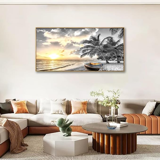 Framed Canvas Wall Art for Living Room Bedroom Office Black and White Beach Wall Art Paintings Pictures Artwork Seascape Sunset Wall Decor 20 * 40inch