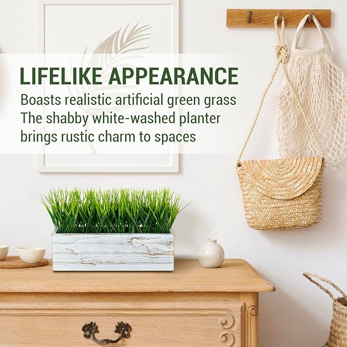 MyGift 14 Inch Artificial Green Grass Plant in Shabby White Washed Wood Planter Window Box - Faux Greenery in Rectangular Crate Style Wooden Container