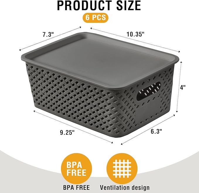 Small Plastic Twill Woven Storage Baskets with Lids, Stackable Organizing Containers with Labels for Pantry Closet Office, 6-Pack,10.35"x7.3"x4.09", Gray
