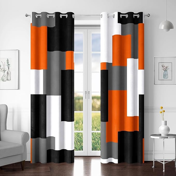 Orange 100% Blackout Curtains for Bedroom 96 inch Long 2 Panels Set Black Grey Modern Abstract Geometric Black Out Curtains Insulated Room Darkening Window Drapes for Living Room, 52Wx96L