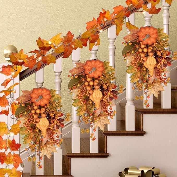 31.5" Artificial Fall Leaf Stems Autumn Leaves Decor, Fall Pumpkin Decorations for Home, 2 Pcs Artificial Berry Maple Leaf Floral Arrangement Long Stems Branches for Festival Vases Centerpieces Swags