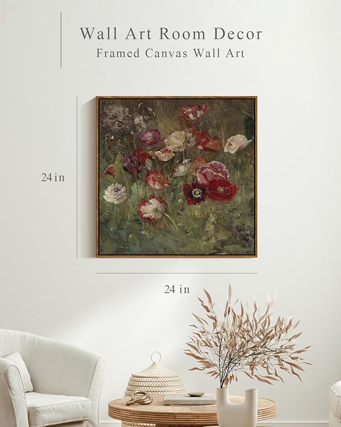 InSimSea Square Framed Canvas Wall Art, Large Decor A Bed of Poppies Paintings, Classical Floral Wall Pictures for Bedroom Bathroom Living Room, Canvas Prints Vintage Home Decor 24"x24"