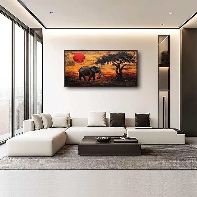 Elephant Framed Wall Art for Living Room, Large African Elephant Canvas Wall Decor, Wild Animal Sunset Pictures Painting, Modern Artwork for Bathroom Bedroom 60L'' × 30W''