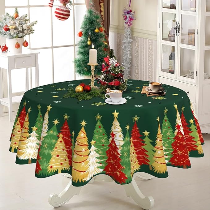 Christmas Round Tablecloth 60x60 Inch Xmas Snowflakes Trees Table Cover Holiday Decorations Seasonal Decor for Home Kitchen Dining Room Picnic Party Winter Green
