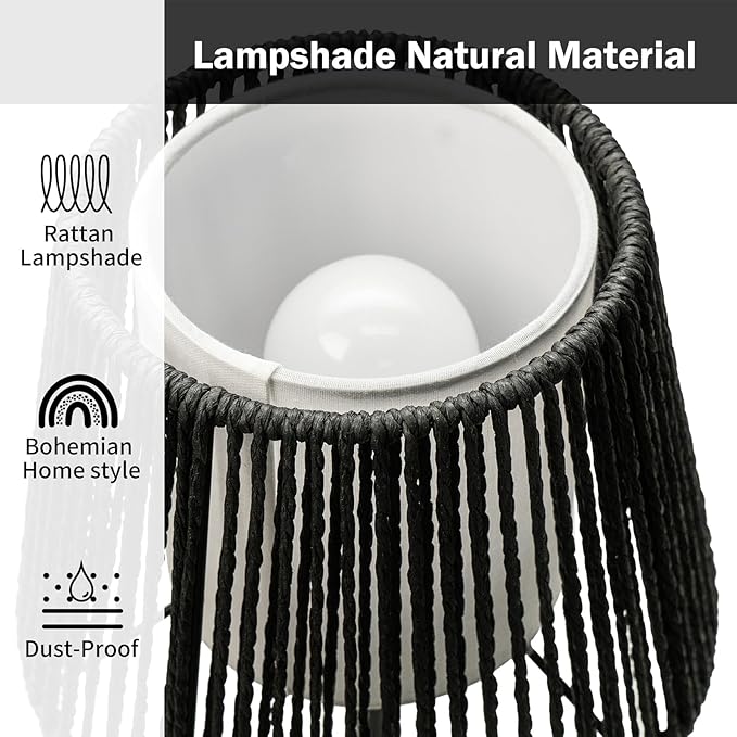 Touch Boho Lamp Dimmable, 3-Way Bedside Table Lamp 14.2", Rope Light for Bedroom Nightstand Farmhouse, Bulb Included, 2 Packs (Black)