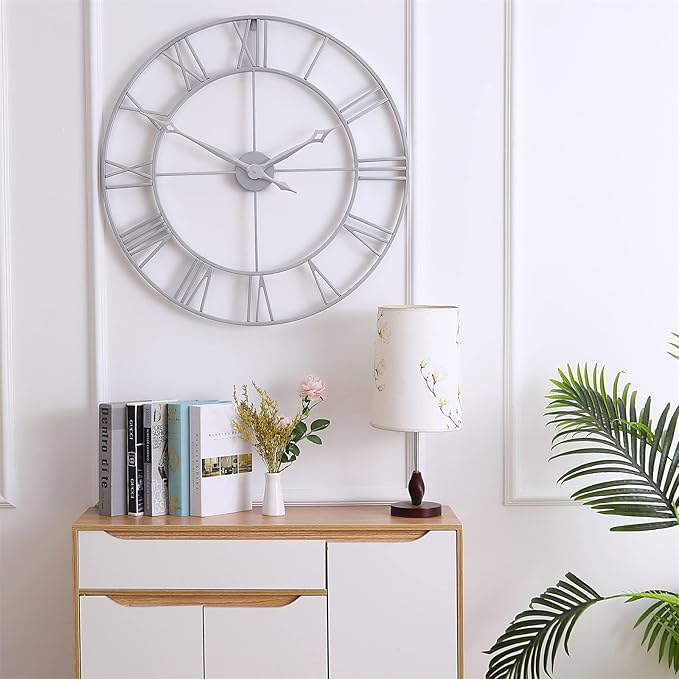 CLXEAST Large Modern 30 Inch Wall Clock Silver, Oversized Big Roman Numeral Metal Wall Clocks for Living Room Decor, Home Office