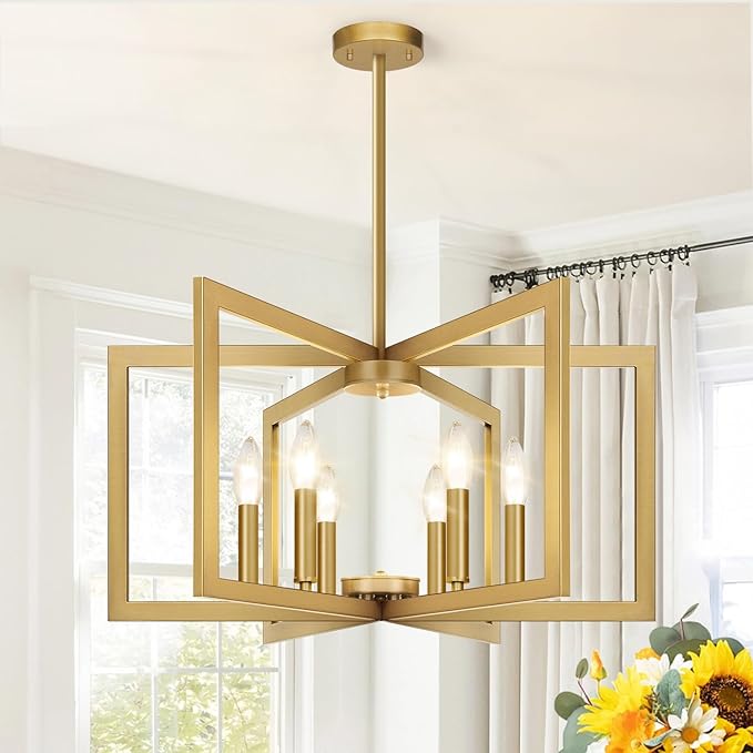 25" Modern Gold Chandelier for Dining Room (6-Light, 25-Inch), Geometric Gold Dining Room Light Fixture Over Table, Industrial Metal Hanging Pendant Lights for Kitchen Island, Entryway, Foyer