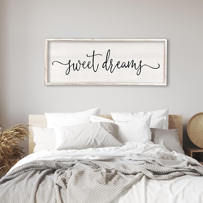 Surfapans Sweet Dreams Wall Decor Above Bed 40"x15" ofr Master Bedroom Guest Room Wood Rustic Framed Wall Art Sign (White)