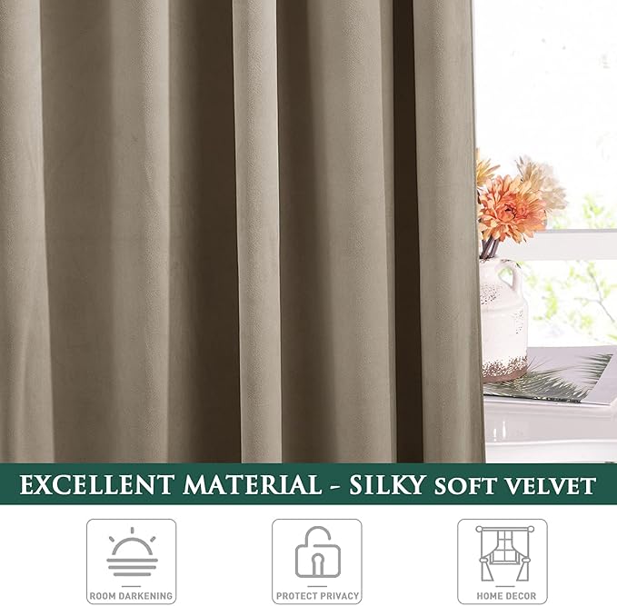 StangH Camel Beige Light Blocking Velvet Curtains Extra Long for High Ceiling, Rustic Decor Tall Window Treatment Winter Chill Blocking Sound Dampening for Villa, W52x L144, 2 Panels
