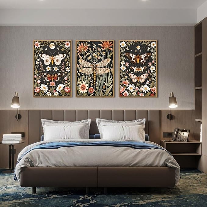 ANHUIB William Morris Wall Art 16x24 Inch Vintage Floral Wall Decor Framed Butterfly Dragonfly Prints Nature Botanical Animal Artwork Set of 3 for Living Room Bedroom Office