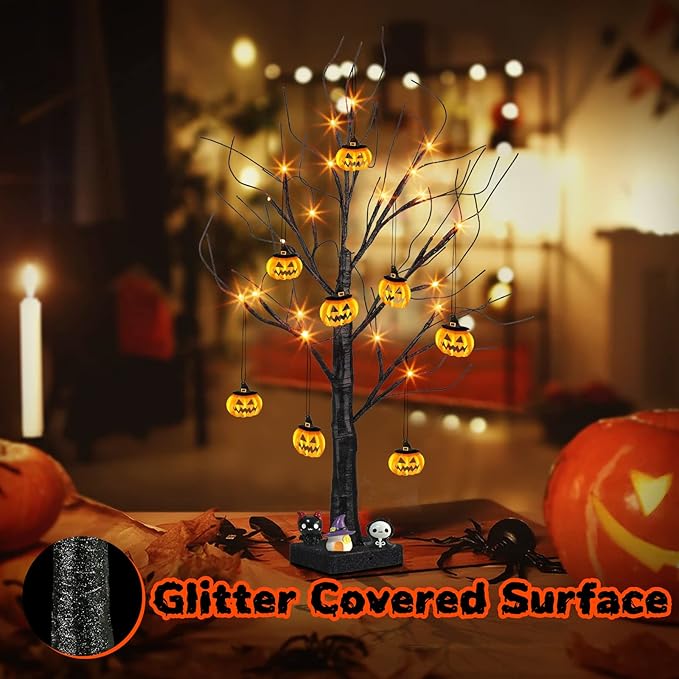 PEIDUO Halloween Indoor Decor, 2FT Halloween Tree with 24 Orange Lights and 8 Pumpkin Ornaments, Light up Halloween Decorations Black Tree with Timer for Indoor Home Desk Table Decor Battery Powered