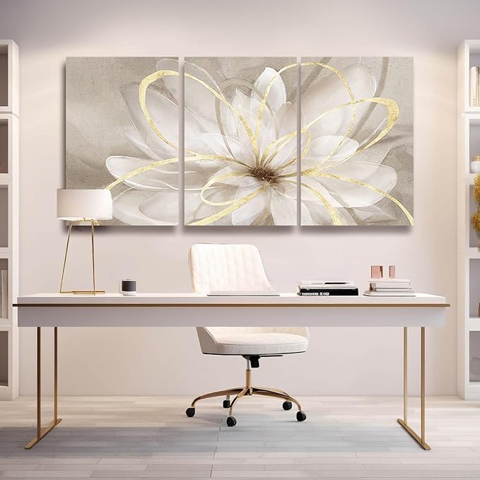 Kureful White Floral Wall Art Maximalist Decor 16"x 24"x 3 Pieces Flower Canvas Painting Wall Decor Gold Picture for Living Room Bedroom Home Decor