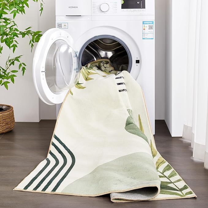 RoomTalks Mid Century Modern Washable Rug, Boho Cute Aesthetic 6x9 Area Rugs for Bedroom Dining Living Room Kitchen Office, Green Abstract Tropical Leaves Non Slip Thin Indoor Botanical Carpet