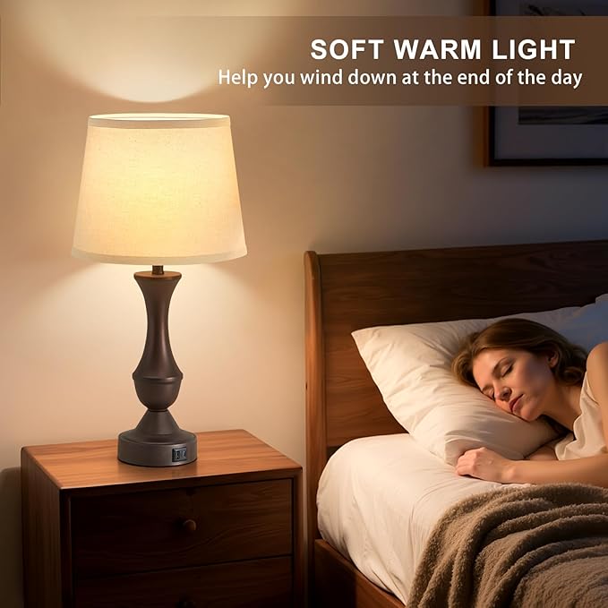 Luvkczc 22" Table Lamp Set of 2 - Vintage Brown Bedside Lamp with Beige Fabric Shade, 3-Way Dimmable, USB C+A Ports, Nightstand Lamp for Living Room Bedroom (Bulb Included)