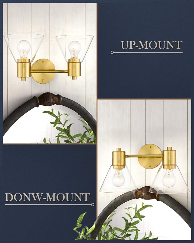 LMS Gold Bathroom Vanity Light Fixtures, 2 Light Bathroom Light Fixtures with Clear Glass Shade, LMS-100
