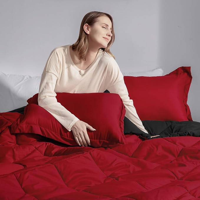 Basic Beyond Full Size Comforter Set - Red and Black Comforter Set Full, Reversible Comforter Full Size Set, 1 Comforter (82"x92") and 2 Pillow Shams (20"x26"+2")