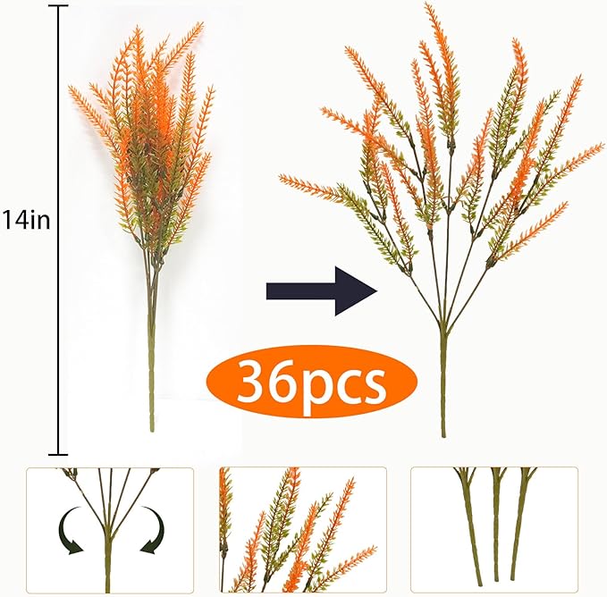 36 Pcs Artificial Fall Flowers Outdoor, UV Resistant Fake Lavender Flowers Faux Plastic Fall Plants Shrubs Bushes for Indoor Outside Planters Porch Window Box Patio Home Decor（Orange）