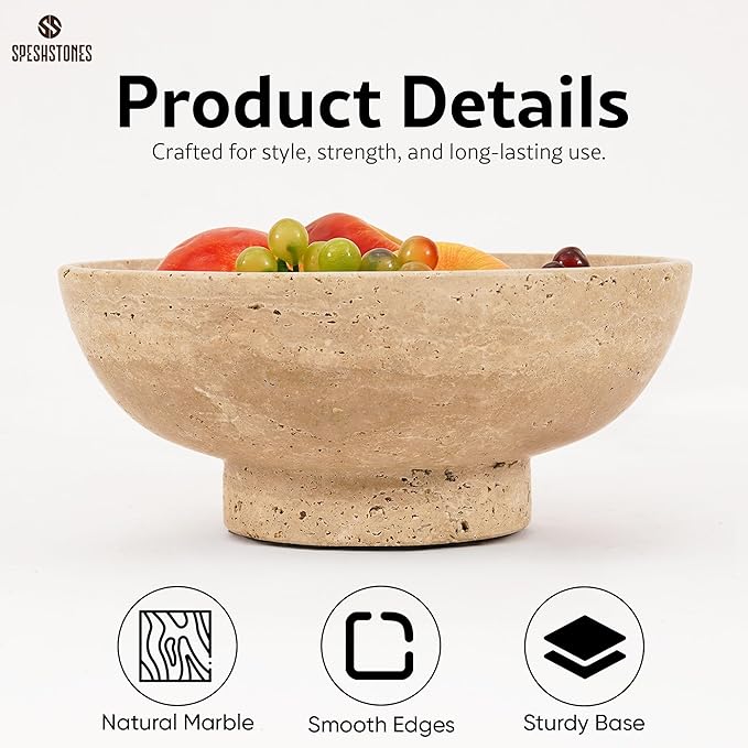 Marble Fruit Bowl 10 Inch Handmade Large Decorative Bowl for kitchen Counter - Modern Travertine Serving Dish for Fruits & Snacks - Pedestal Bowls for Dining Room & Coffee Table Decor