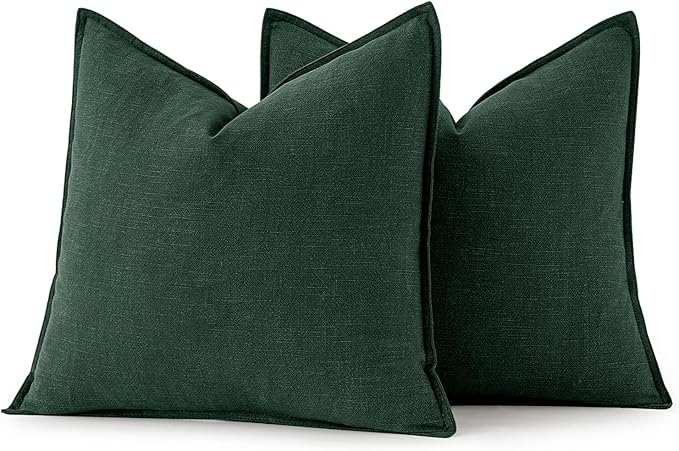 MIULEE Decorative Linen Euro Sham Pillow Covers 24x24 Dark Green Boho Farmhouse Neutral Couch Throw Pillows for Bed Pack of 2 Accent Modern Pillowcase Sofa Livingroom Home Decor