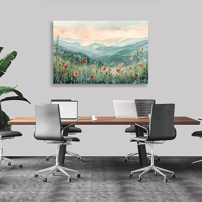 Tucai Decor Floral Landscape Canvas Wall Art 32 x 48 inches Poppies in Mountain Valley Home Decor Art Prints for Living Room Bedroom Office Ready to Hang