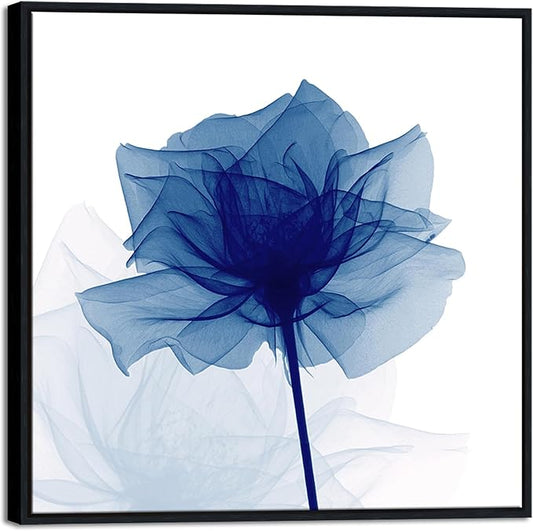 Pyradecor Large Black Framed Wall Art Blue Flickering Flower Canvas Prints Grace Floral Paintings Pictures Artwork for Bedroom Office Home Decorations