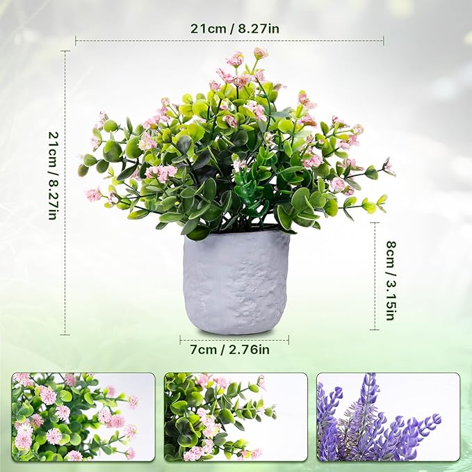 FGSAEOR Mini Potted Fake Plants, Small Artificial Greenery Realistic Plants Topiaries, Low Maintenance, for Home Office Shelf Desk Farmhouse Room Coffee Table Decor (3-Pack) (Purple Pink (Round Pot))