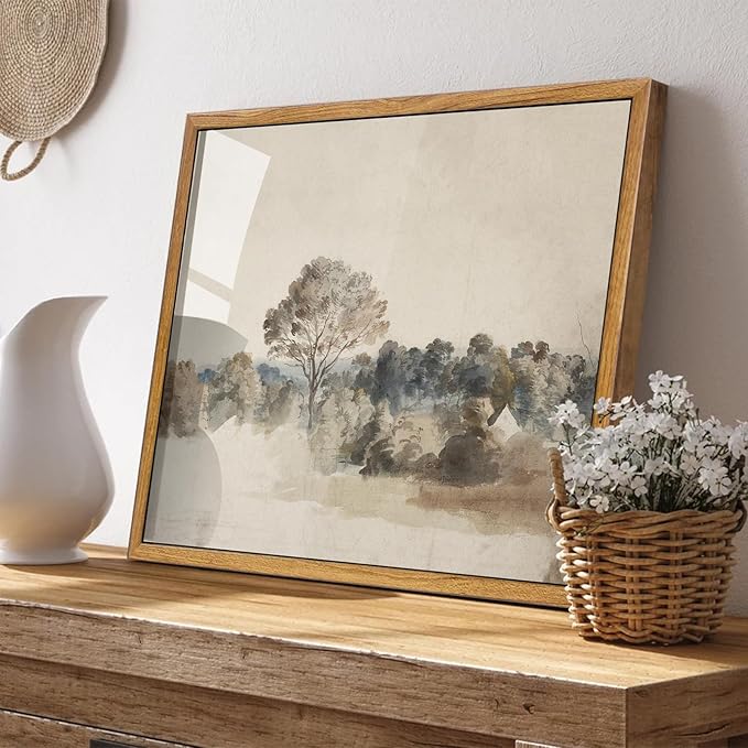 KBKBART Framed Vintage Neutral Wall Art Prints, Antique Rustic Muted Landscape Canvas Painting, Retro Countryside Nature Wilderness Illustrations Farmhouse Decor, Neutral Vintage Decor Ready To Hang