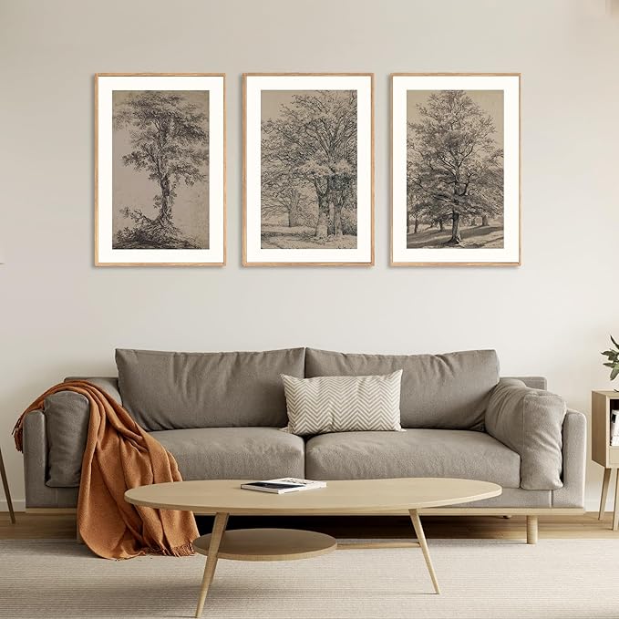 KAIRNE Vintage Tree Sketch Wall Art Set, Antique Tree Drawings Wall Decor, Nature Sketch Wall Painting, Framed Botanical Canvas Art Prints for Living Room, Bedroom, Dinning Room, Farmhouse - 24"x36"x3