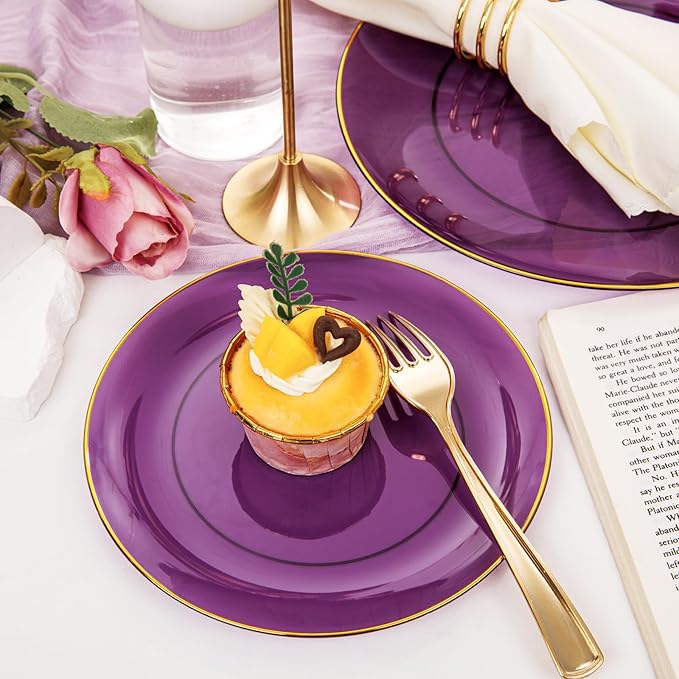 YOUBET 125PCS Purple Plastic Plates - Purple Disposable Plates With Gold Rim - Include 50 Dinner & Dessert Plate, 75 Gold Cutlery Perfect for Wedding Parties
