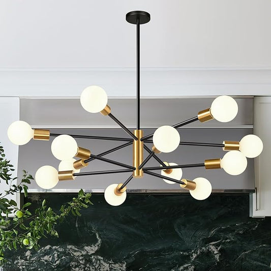 33" Modern Chandelier Ceiling Light Fixture, 12-Light Sputnik Chandeliers Gold and Black Mid Century Chandelier Over Table, Height Adjustable Chandeliers for Dining Room Living Room Kitchen Island