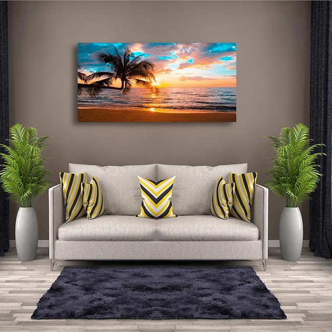 Sunset Beach Picture Canvas Wall Art Print for Living Room and Bedroom Wall Decor,Seascape Palm Landscape Print Paitnings for home Decor,Morden Artwork Sunset Canvas Art Waterproof Stretched Ready to