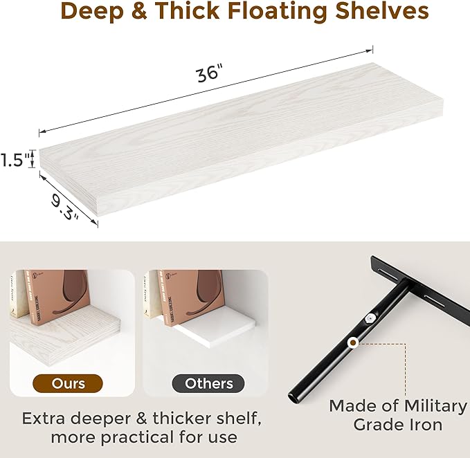 Floating Shelves 48 Inch Long, 48"W x 9.3"D Wall Shelf Invisible Bracket, 9.3 Inch Deep Floating Shelf for Wall, Rustic Wooden Shelves for Living Room, Kitchem, Bedroom, Brich Color, Set of 1
