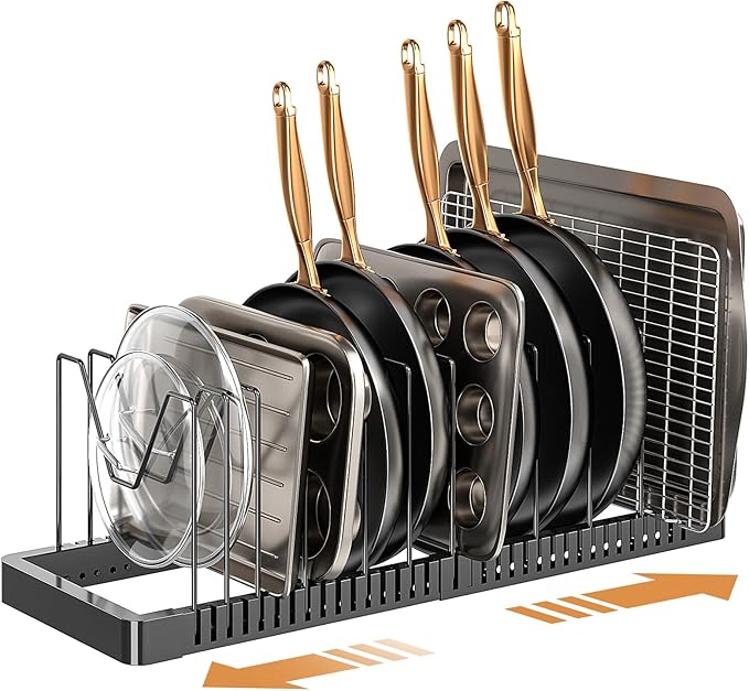 Pots and Pans Organizer under Cabinet, Expandable Pot Lid Organizer Holder with 12 Adjustable Compartment, Pan Organizers inside Cabinet for Lids, Bakeware, Kitchen Storage Pot Rack, Black