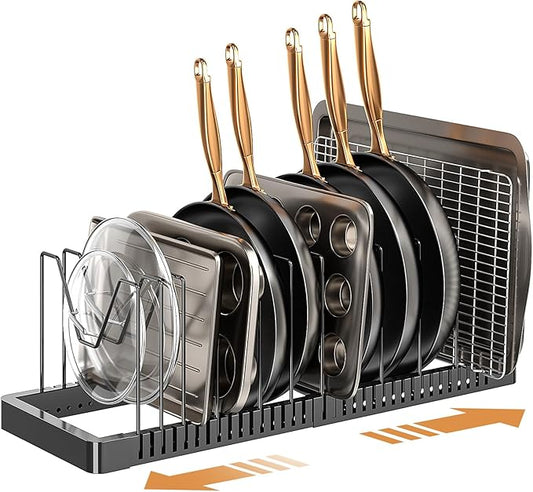 Pots and Pans Organizer under Cabinet, Expandable Pot Lid Organizer Holder with 12 Adjustable Compartment, Pan Organizers inside Cabinet for Lids, Bakeware, Kitchen Storage Pot Rack, Black