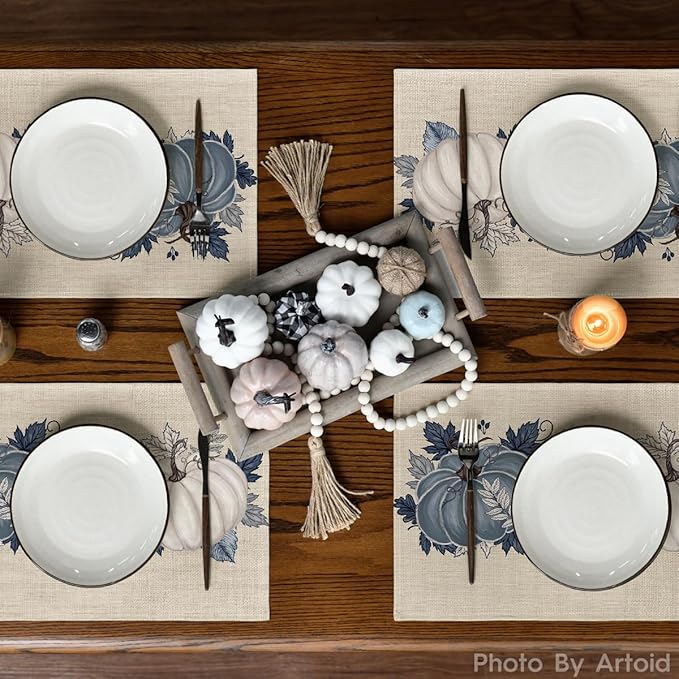 Artoid Mode Navy Blue Pumpkins Fall Placemats Set of 4, 12x18 Inch Autumn Thanksgiving Watercolor Table Mats for Dining Party Decoration