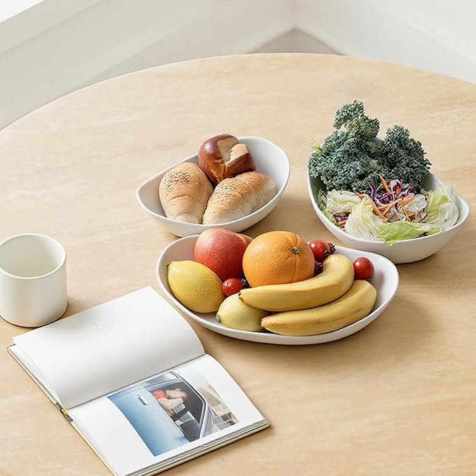 SEVEN SPARTA Fruit Bowl for Kitchen Counter - 3 Tier Ceramic Serving Bowls with Bamboo Stand, Tiered Fruit Basket for Fruit Vegetable Storage, Cake, Dessert, Nuts, Snack, Salad (Dishwasher safe)